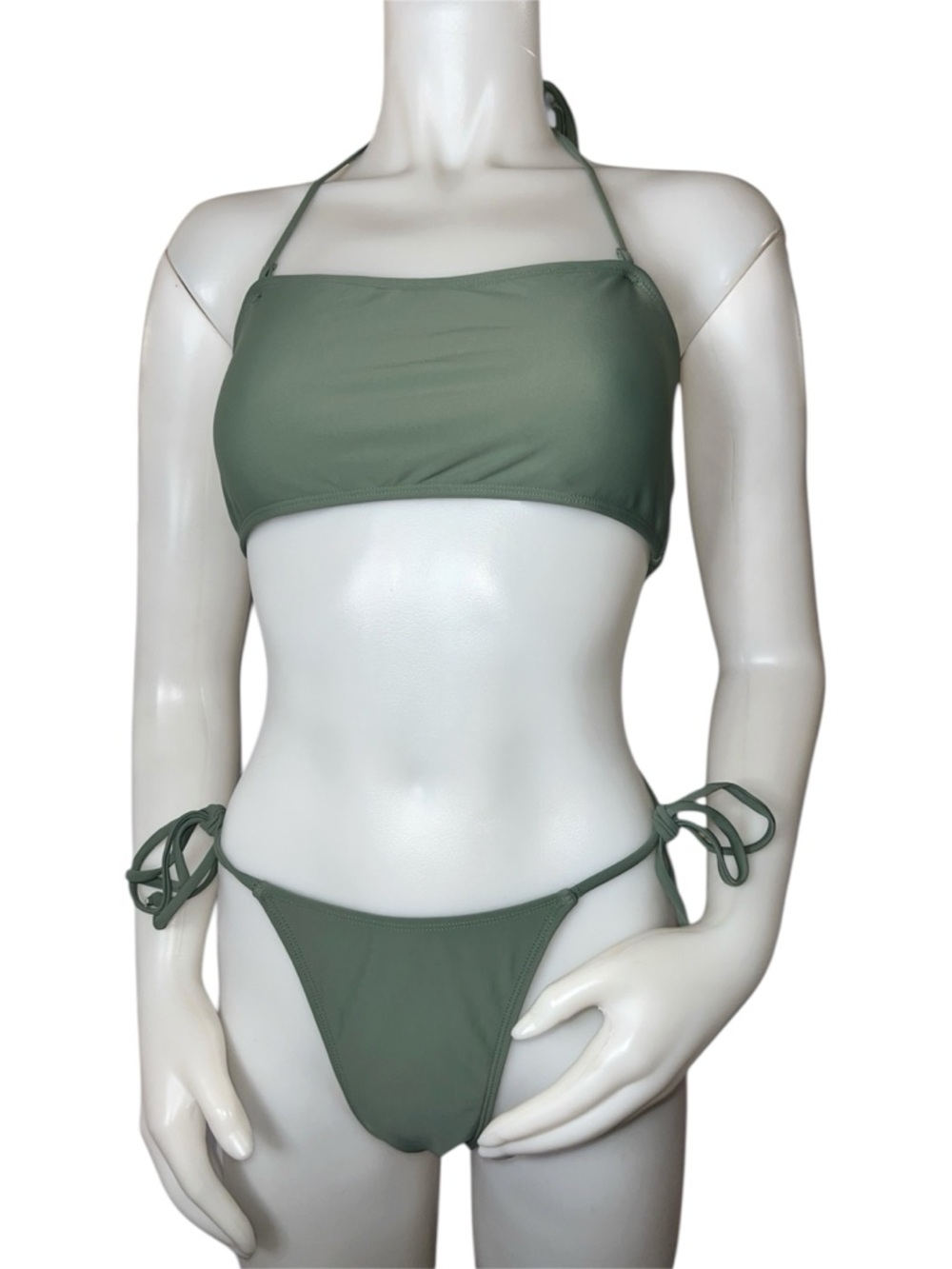 SHEIN Olive Green Halter Bandeau Tie-Side Bikini Set
